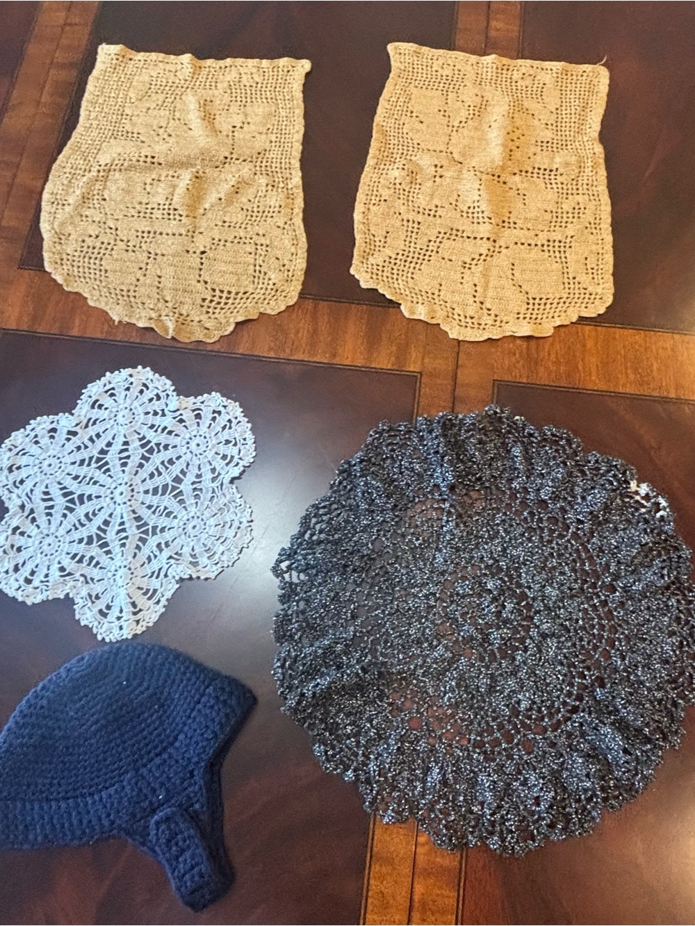 Vtg Handmade Crochet Lot - 5 Pcs Inc. Matching 15.5" Filet Panels & Starburst